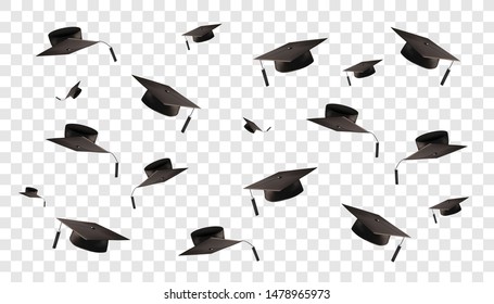 Graduate cap on a transparent background. Caps thrown up. Vector illustration