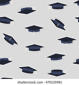 Graduate cap pattern. University hat on seamless grey background. Schools texture. Stickers for students ceremony or party. Vector illustration.