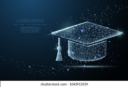 Graduate cap. Polygonal wireframe mesh on blue night sky with dots, stars and looks like constellation. Education, university, success illustration or background