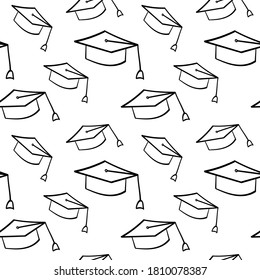 Graduate Cap nahtloses Muster. Umrissene, handgezeichnete Objekte auf weißem Hintergrund. Vektorgrafik.