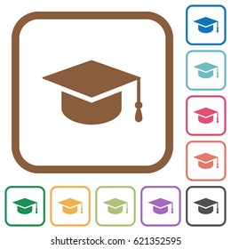 Graduate cap simple icons in color rounded square frames on white background