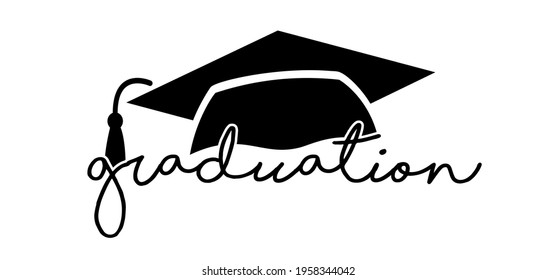 Graduate cap with slogan congration. Mortar board symbol. Flat vector congratulate or felicitate banner for school or work. Diploma education sign.