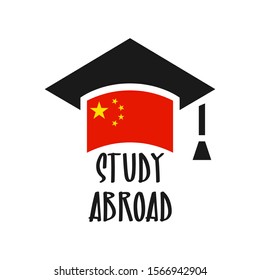 Graduate cap with stylized China red flag. Education vector illustration. Educate chinese icon. Font STUDY ABROAD 