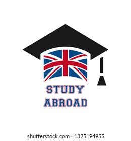 Graduate cap with stylized England flag. vector illustration. Education icon. Font STUDY ABROAD logo with english national symbol