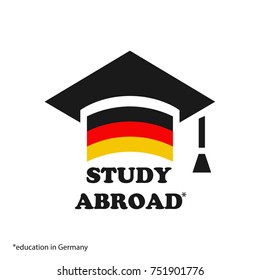 Graduate cap with stylized German flag. vector illustration. Education in Germany icon. Font STUDY ABROAD icon,logo