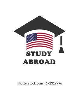 Graduate cap with stylized USA flag. vector illustration. Education icon. Font STUDY ABROAD icon,logo