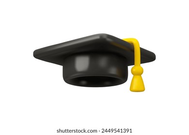 Icono de Vector de gorra de graduado 3d. Sombrero académico cuadrado en estilo de dibujos animados simple aislado sobre fondo blanco. Elemento de diseño de Educación, cartón oxford en negro y amarillo