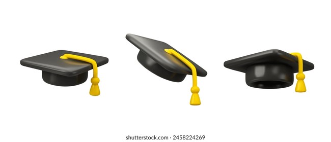 Conjunto de iconos 3d de Vector de gorra de graduado. Sombrero académico cuadrado en estilo simple aislado sobre fondo blanco. Colección de elemento de diseño de educación de dibujos animados, gorra Oxford con borla