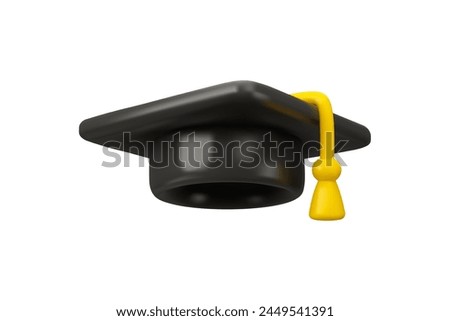 Graduate cap vector 3d icon. Square academic hat in simple cartoon style isolated on white background. Education design element, Oxford mortarboard in black and yellow