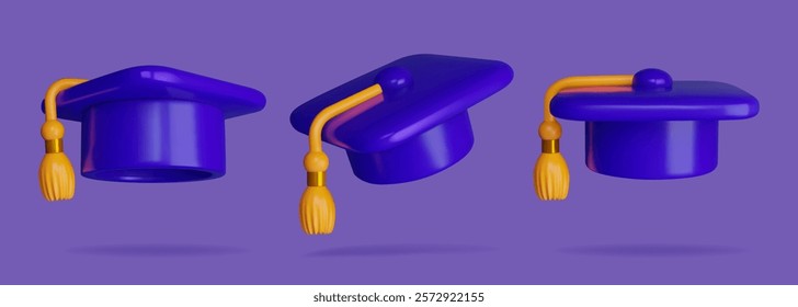 Graduate cap vector 3d icons. Square academic hat in simple cartoon style. Education design element, Oxford mortarboard in blue and yellow.