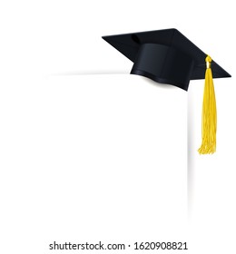 graduate cap with a yellow tassel and diploma on a white background