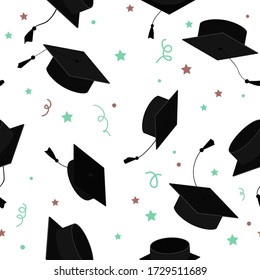 Graduate caps in the air, seamless pattern. Vector cartoon grad hats in different positions isolated on white background.