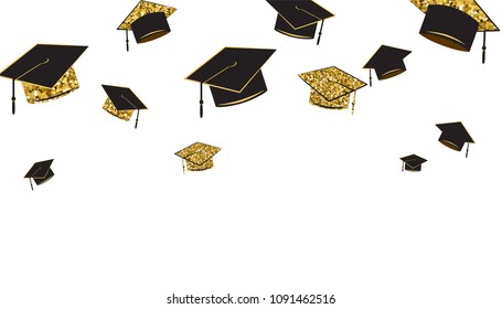 Graduate caps baner, black and gold color on a white background. Graduation hat thrown up. Vector iilustration