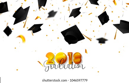 Graduate caps and confetti on a white background. Caps thrown up. Typography greeting, invitation card with diplomas, hat, lettering. 3D illustration