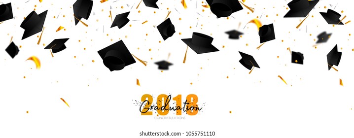 Graduate caps and confetti on a white background. Caps thrown up. Typography greeting, invitation card with diplomas, lettering.