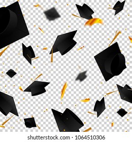 Graduate caps and confetti on a white background. The caps come out from the side. Typography greeting, invitation card with diplomas. Hat. 3D illustration