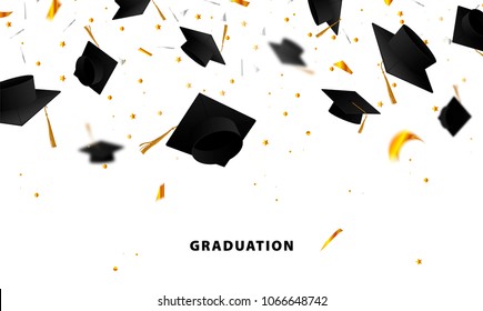 Graduate caps and confetti on a white background. Caps thrown up. Typography greeting, invitation card with diplomas, hat, lettering. 3D illustration