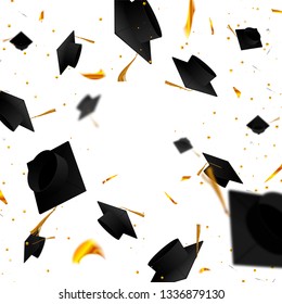 Graduate caps and confetti on a white background. The caps come out from the side. Typography greeting, invitation card with diplomas. Hat.