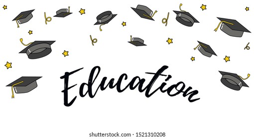 Graduate caps and confetti on a white background. Caps tossed up. vector illustration