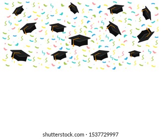 Graduate caps and confetti on a white background. Caps thrown up