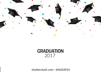 Graduate caps and confetti on white background. Education hat ceremony university achievement.