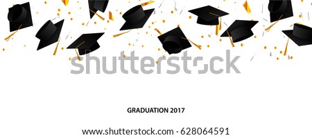 Graduate caps and confetti on a white background. Caps thrown up
