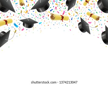 Graduate caps and diplomas flying with multi colored confetti. Academic hats in air with ribbons