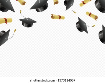 Graduate caps and diplomas flying on a transparent background. Academic hats thrown up