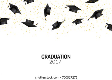 Graduate caps and gold confetti on white background. Education hat ceremony university achievement.