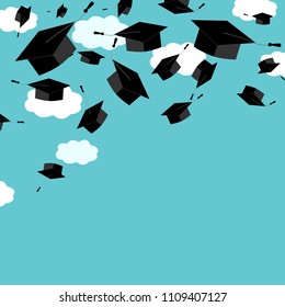 Graduate caps on the blue sky background. Corner border. Graduate ceremony banner or card. Vector illustration