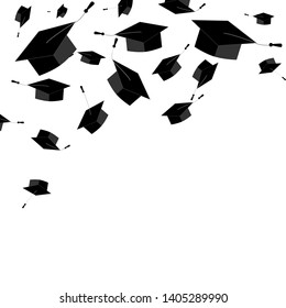 Graduate caps on the white background. Corner border. Graduate ceremony banner or card. Vector illustration
