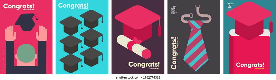 Graduate caps. Vector flat illustration. Congratulation graduates 2021 class of graduations. 