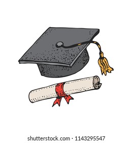 Graduate cartoon black hat pattern with diploma, graduation caps, square academic cap, mortarboard for college, university students, education concept, isolated on white background.