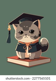 A graduate cat in a cap sits on a book