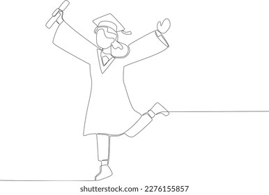 A graduate celebrates his graduation by raising both hands. Graduation one-line drawing
