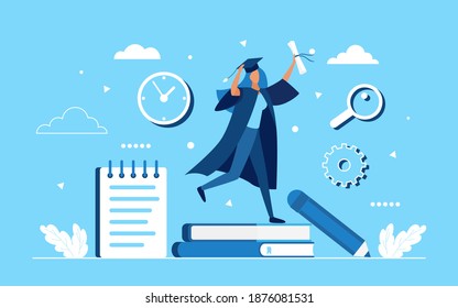 Graduate celebration concept vector illustration. Cartoon happy woman student character jumping with diploma in hand, celebrating success end of training school education and graduation background