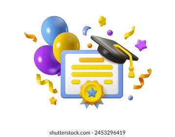 Graduate celebration vector 3d illustration. Graduation party, diploma with academic hat, balloons and confetti icon isolated on white background