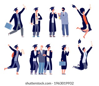 Graduate characters. College students, happy university graduating people. Boy girl with diploma medals, isolated academic utter vector set