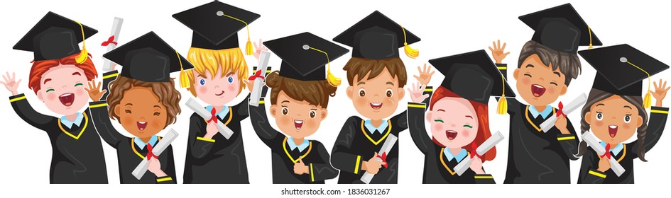 
Graduate children group. Portrait of Characters of international child. Graduation boys and little girls is jumping. Child graduate wearing a mortarboard. Diploma graduating little for kid.
