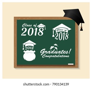 Graduate class of 2018 badges set on school blackboard. Vector Emblem icon with education hat. Sign or logo for graduation congratulation. School grad in academic cap. Green board with congrats fonts