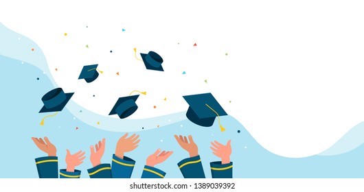 Graduate class of 2019. Caps and confetti on a white background. Hats thrown up, vector illustration, banner design