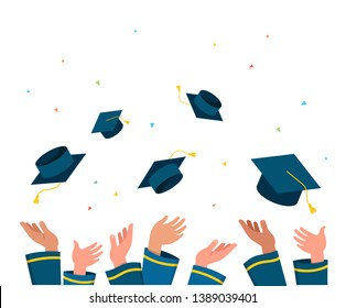 Graduate class of 2019. Caps and confetti on a white background. Hats thrown up, vector illustration, banner design