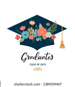 Graduate class of 2019. Caps and flowers on a white background. Vector illustration, banner design