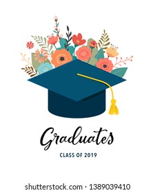 Graduate class of 2019. Caps and flowers on a white background. Vector illustration, banner design