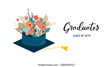 Graduate class of 2019. Caps and flowers on a white background. Vector illustration, banner design