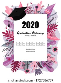 Graduate class of 2019. Caps and flowers on a white background. Vector illustration, banner design