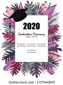 Graduate Class Of 2020, Graduation Ceremony Or Party Announcement Banner. Cap And Tropical Leaves On A White Background. Stylish Vector Illustration, Poster Design.