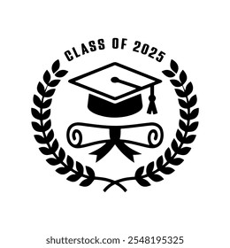 Classe de pós-graduação de 2025 logotipo com diploma, coroa de louros e vetor de chapéu de graduação em fundo branco.