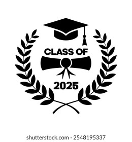 Classe de pós-graduação de 2025 logotipo com diploma, coroa de louros e vetor de chapéu de graduação em fundo branco.