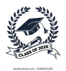 Graduate class of 2025 logo with diploma, laurel wreath and graduation cap vector on white background.